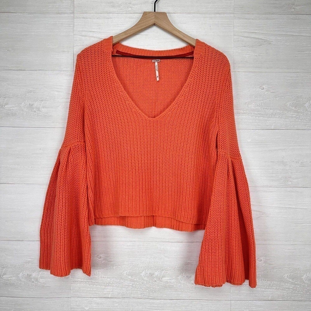 Free People Sweater Women Size XS Coral Orange Damsel Bell Sleeve V-Neck Knit